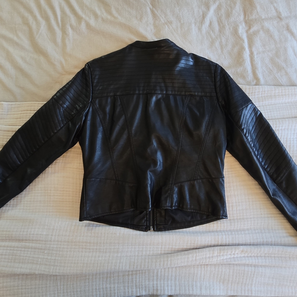 Xhilaration Black Faux Leather Bomber Jacket with Quilted Sleeves - Picture 2 of 6